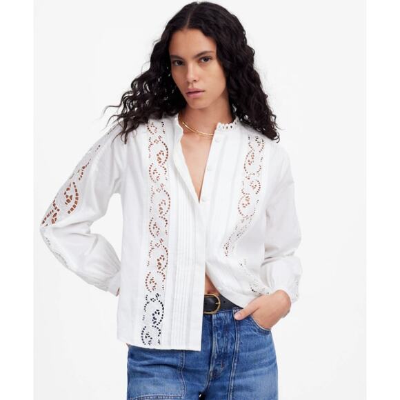 Madewell Tops - Madewell Women's Lace Inset Pintucked Button Up Top Long Sleeve White XS NEW